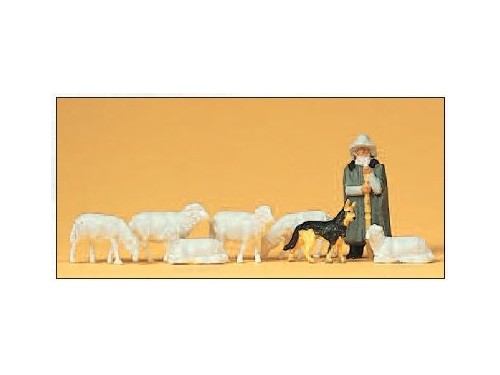 Scala H0 1:87 Preiser PREISER 14160 Pastore con 6 pecore e un cane 